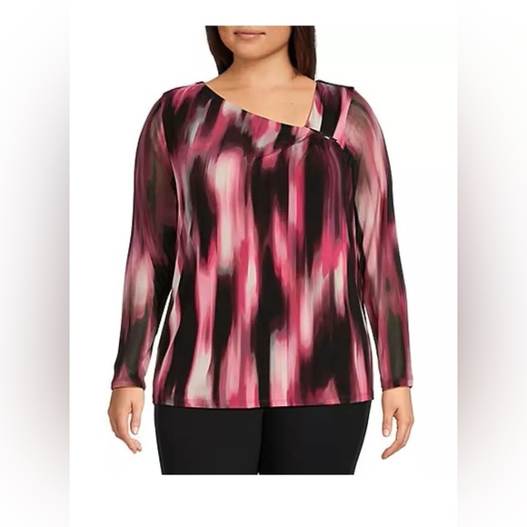 NEW Plus Size 2X Calvin Klein Abstract Scoop Neck SilverPin Sheer Sleeve Blouse - Picture 1 of 10